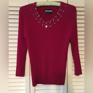 Red three quarter length sleeve XL sweater with sequin embellishments at neck.